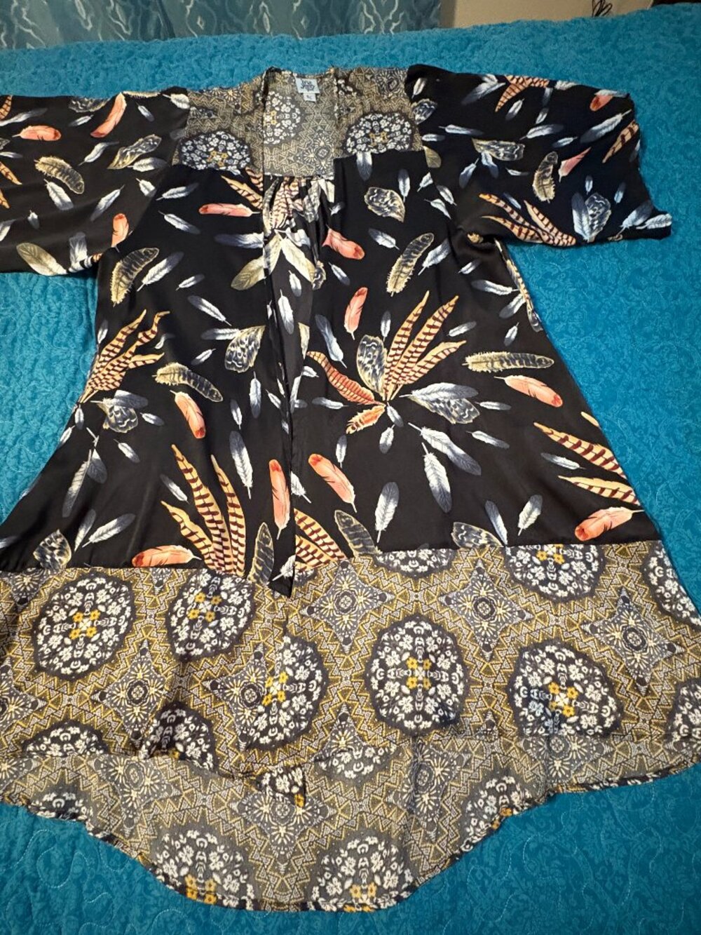 Ivy Jane Kimono Black Feather Print Boho Long Open Duster Women's Size M/L